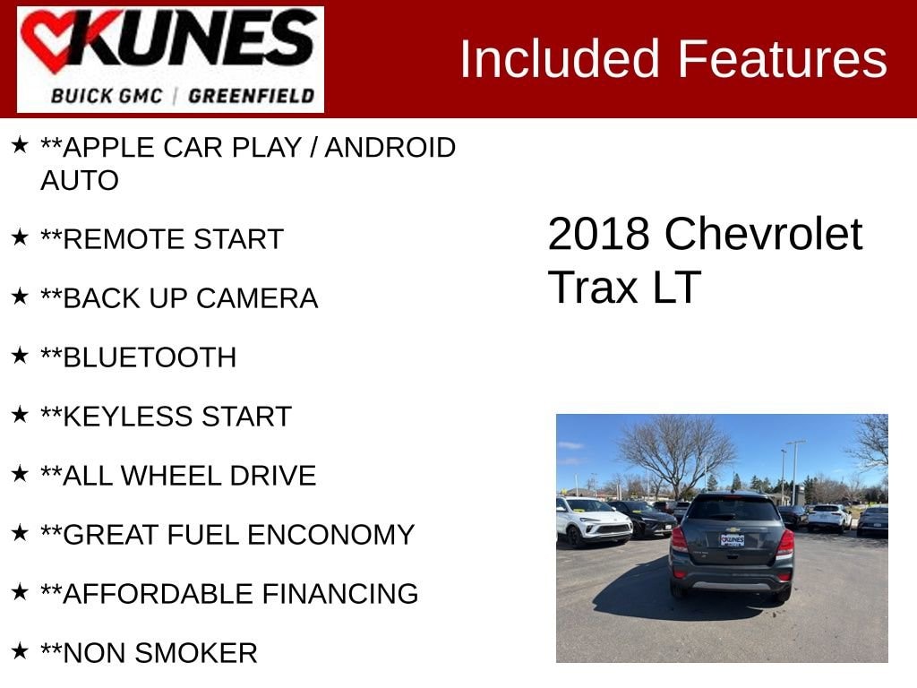 Used 2018 Chevrolet Trax LT with VIN KL7CJPSB3JB593826 for sale in Greenfield, WI