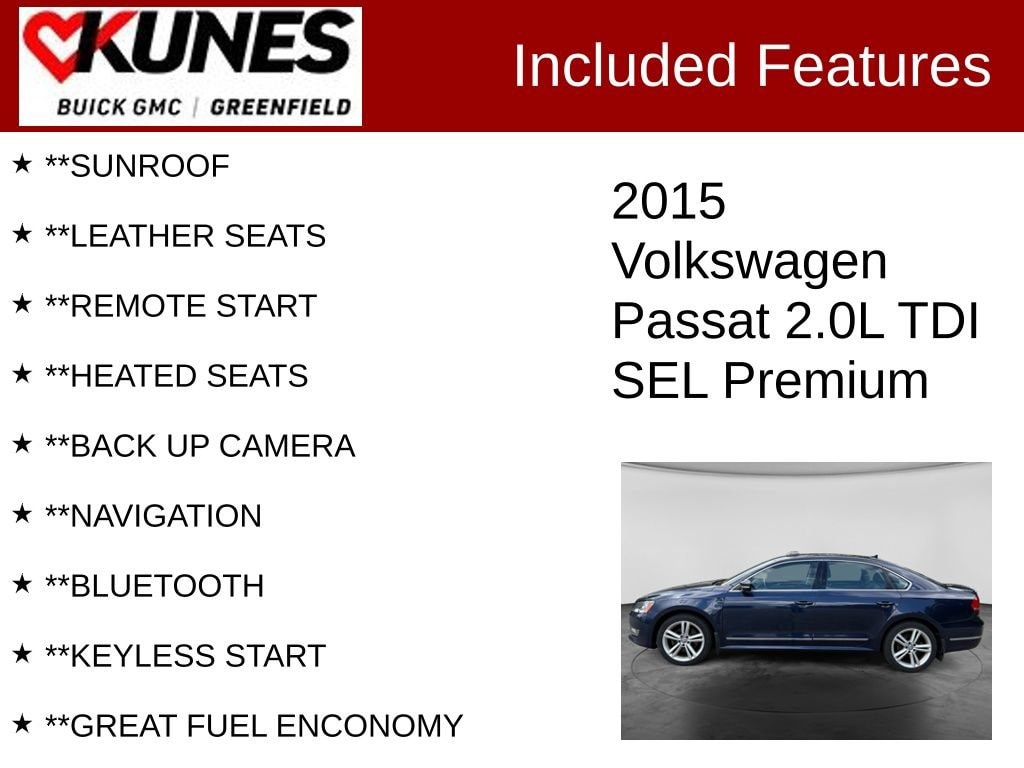 Used 2015 Volkswagen Passat SEL Premium with VIN 1VWCV7A32FC001543 for sale in Greenfield, WI