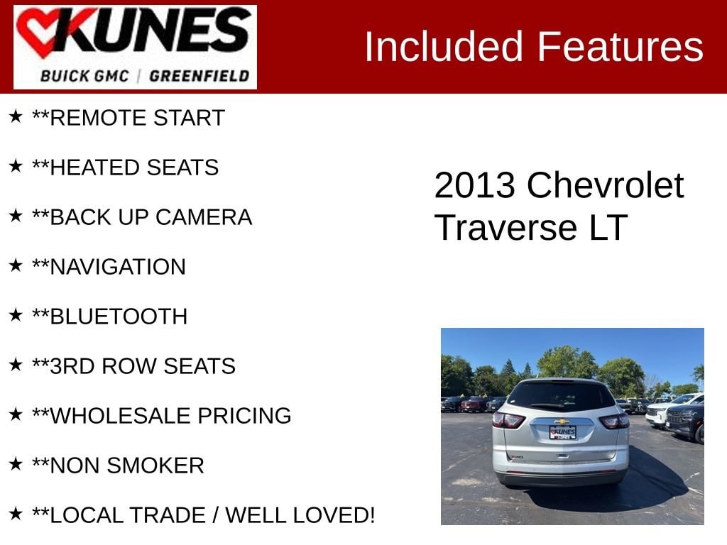 Used 2013 Chevrolet Traverse 1LT with VIN 1GNKRGKD3DJ167046 for sale in Greenfield, WI