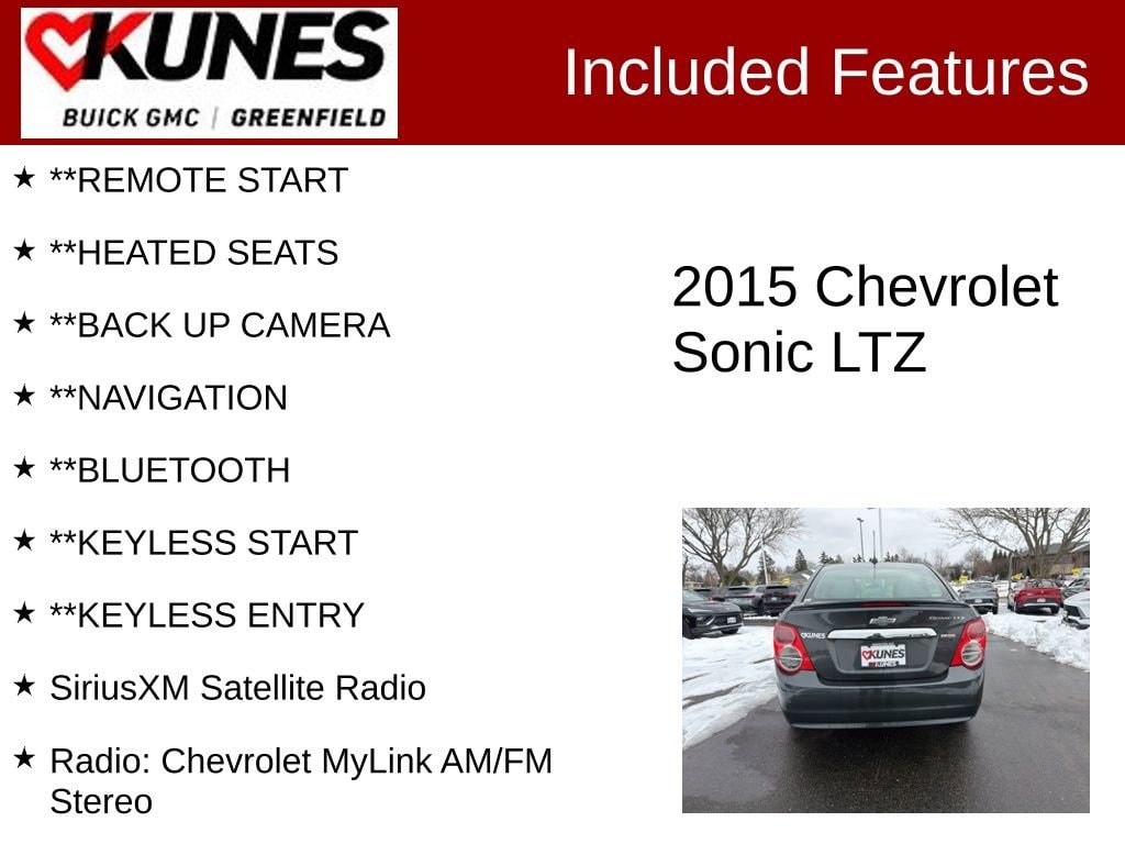 Used 2015 Chevrolet Sonic LTZ with VIN 1G1JE5SB2F4119938 for sale in Greenfield, WI