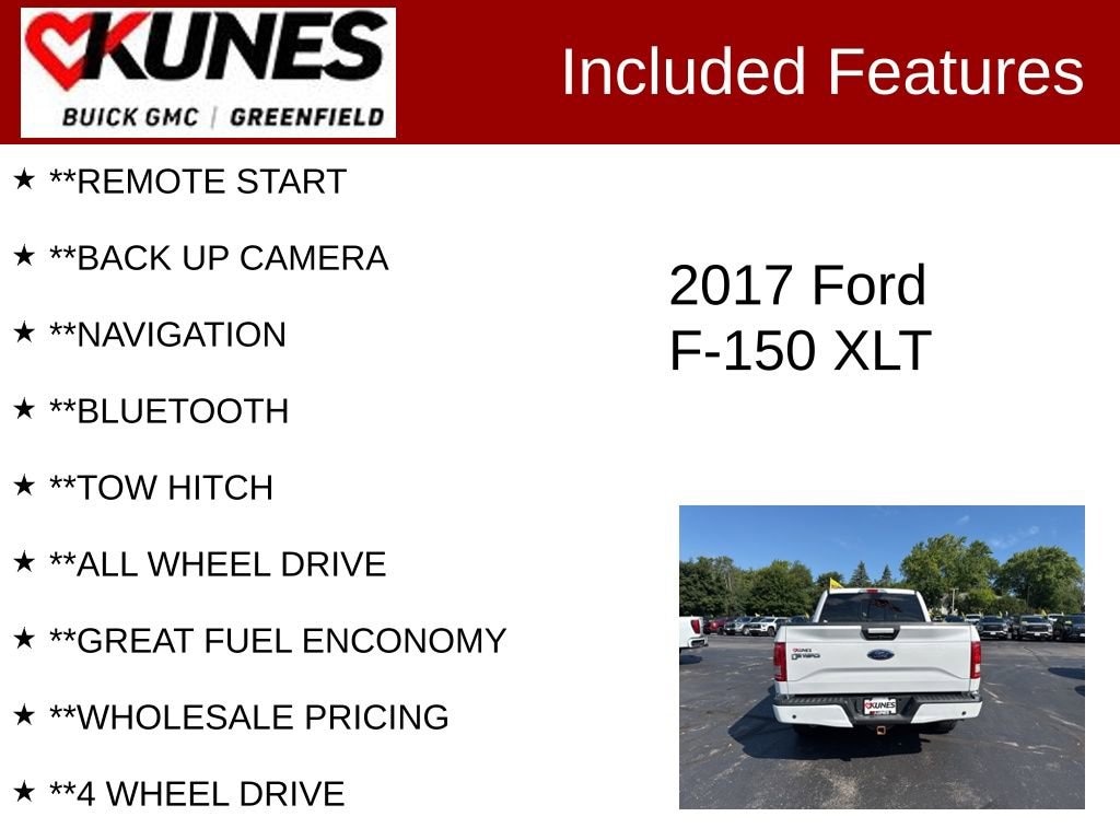 Used 2017 Ford F-150 XLT with VIN 1FTEW1EP7HFC43734 for sale in Greenfield, WI