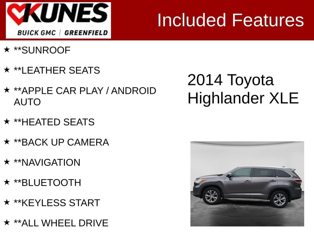 Used 2014 Toyota Highlander XLE with VIN 5TDJKRFH6ES055279 for sale in Greenfield, WI