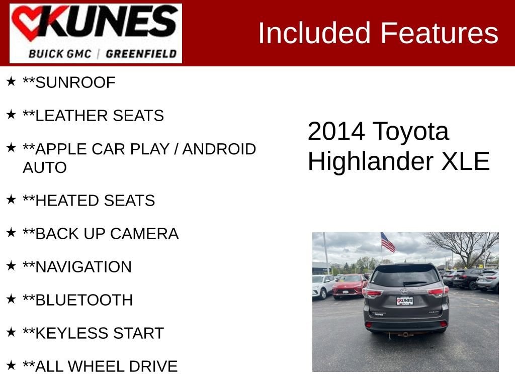 Used 2014 Toyota Highlander XLE with VIN 5TDJKRFH6ES055279 for sale in Greenfield, WI