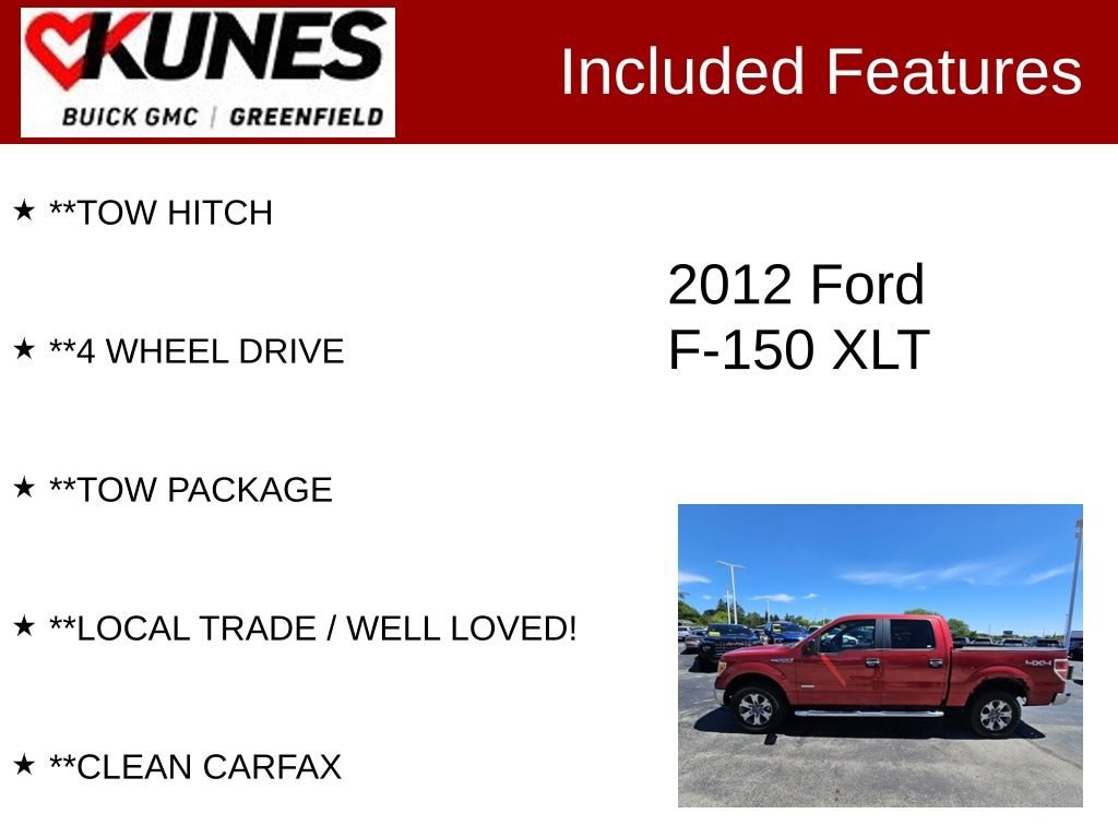 Used 2012 Ford F-150 XLT with VIN 1FTFW1ET9CFB81618 for sale in Greenfield, WI