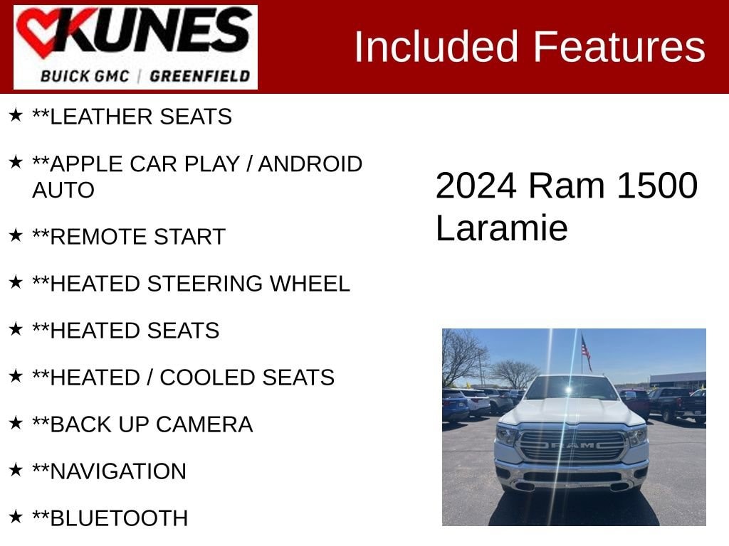 Used 2024 RAM Ram 1500 Pickup Laramie with VIN 1C6SRFJT8RN224067 for sale in Greenfield, WI