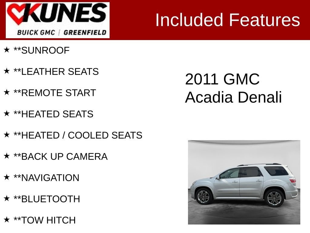 Used 2011 GMC Acadia Denali with VIN 1GKKVTED0BJ367229 for sale in Greenfield, WI