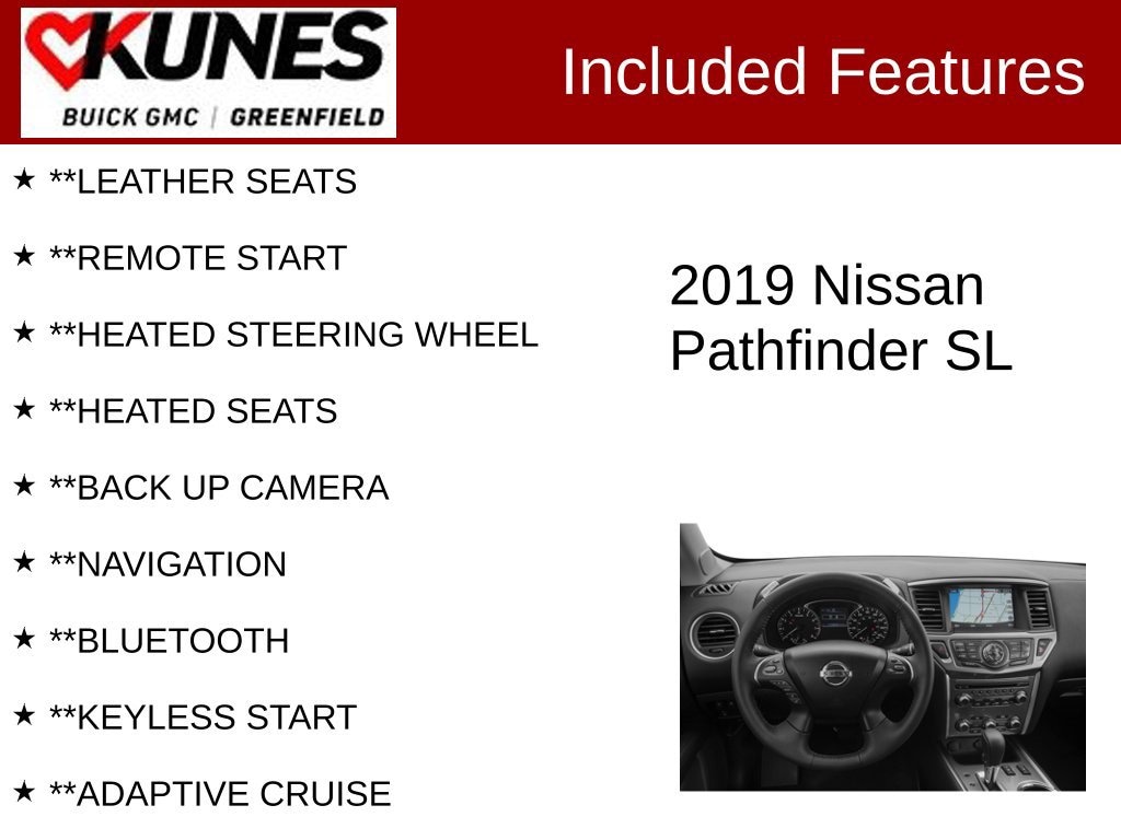 Used 2019 Nissan Pathfinder SL with VIN 5N1DR2MM3KC606812 for sale in Greenfield, WI