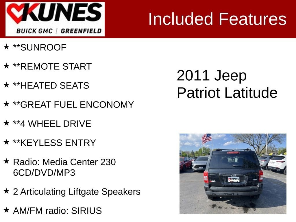 Used 2011 Jeep Patriot Sport with VIN 1J4NF1GB9BD201936 for sale in Greenfield, WI