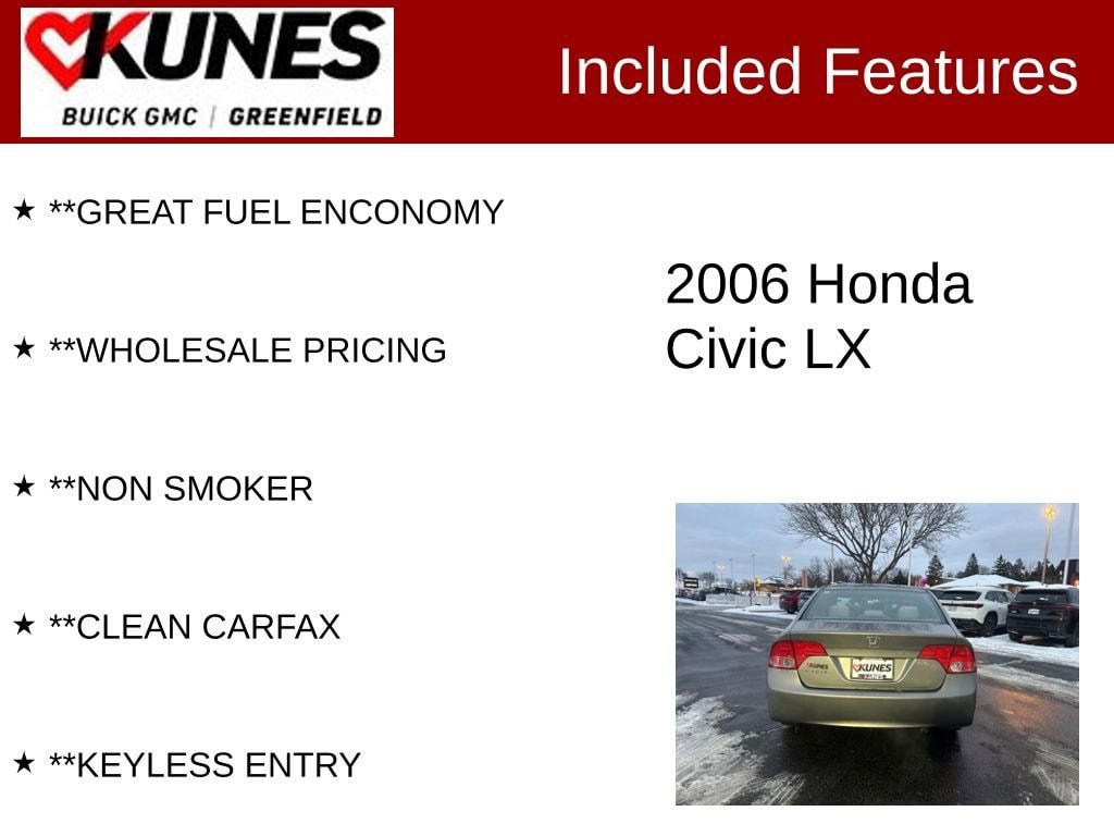 Used 2006 Honda Civic LX with VIN 1HGFA16576L138286 for sale in Greenfield, WI