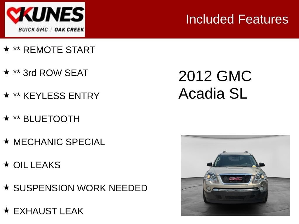 Used 2012 GMC Acadia SL with VIN 1GKKRNED0CJ225982 for sale in Oak Creek, WI
