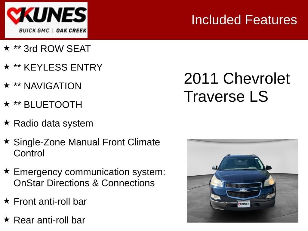 Used 2011 Chevrolet Traverse LS with VIN 1GNKREED2BJ348703 for sale in Oak Creek, WI