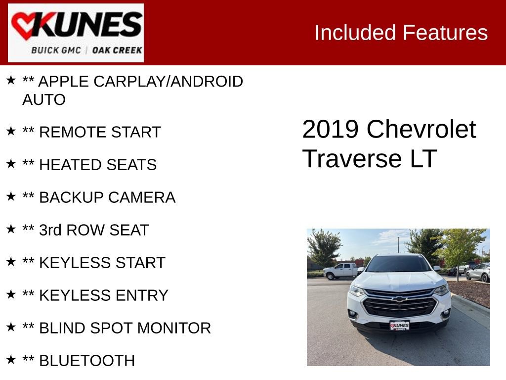 Used 2019 Chevrolet Traverse 1LT with VIN 1GNERGKW9KJ216438 for sale in Oak Creek, WI