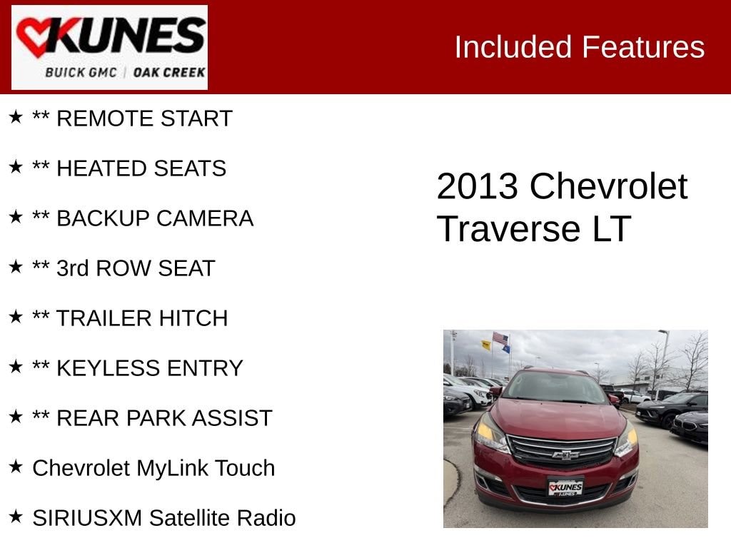 Used 2013 Chevrolet Traverse 1LT with VIN 1GNKVGKD5DJ126705 for sale in Oak Creek, WI