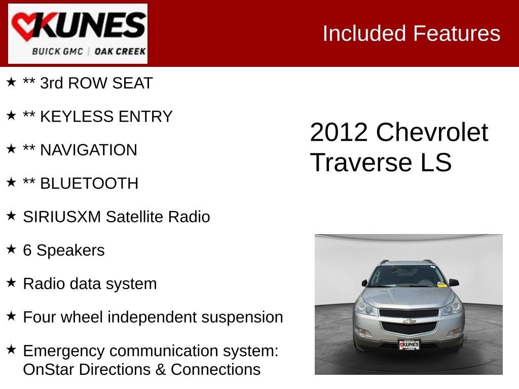 Used 2012 Chevrolet Traverse LS with VIN 1GNKRFEDXCJ282005 for sale in Oak Creek, WI