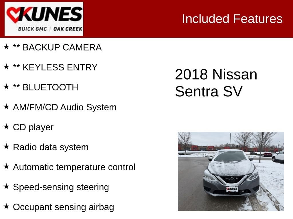 Used 2018 Nissan Sentra SV with VIN 3N1AB7AP1JL662373 for sale in Oak Creek, WI