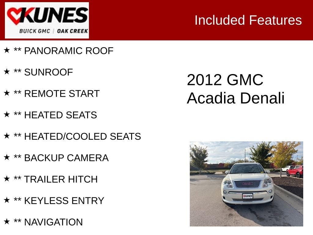 Used 2012 GMC Acadia Denali with VIN 1GKKVTED3CJ137671 for sale in Oak Creek, WI