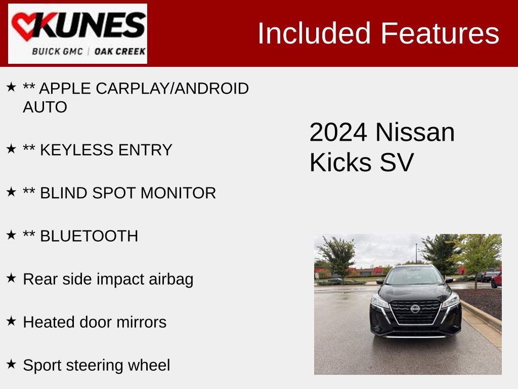 Used 2024 Nissan Kicks SV with VIN 3N1CP5CV6RL552621 for sale in Oak Creek, WI