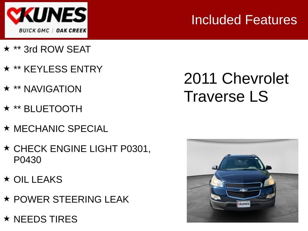 Used 2011 Chevrolet Traverse LS with VIN 1GNKREED2BJ348703 for sale in Oak Creek, WI