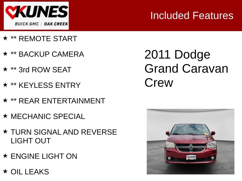 Used 2011 Dodge Grand Caravan Crew with VIN 2D4RN5DG0BR664145 for sale in Oak Creek, WI