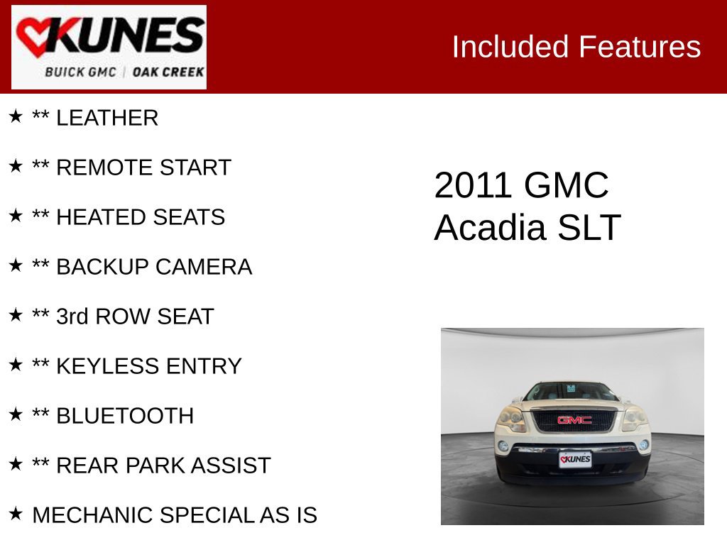 Used 2011 GMC Acadia SLT1 with VIN 1GKKVRED5BJ326095 for sale in Oak Creek, WI