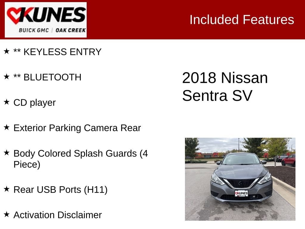 Used 2018 Nissan Sentra SV with VIN 3N1AB7AP1JL662373 for sale in Oak Creek, WI