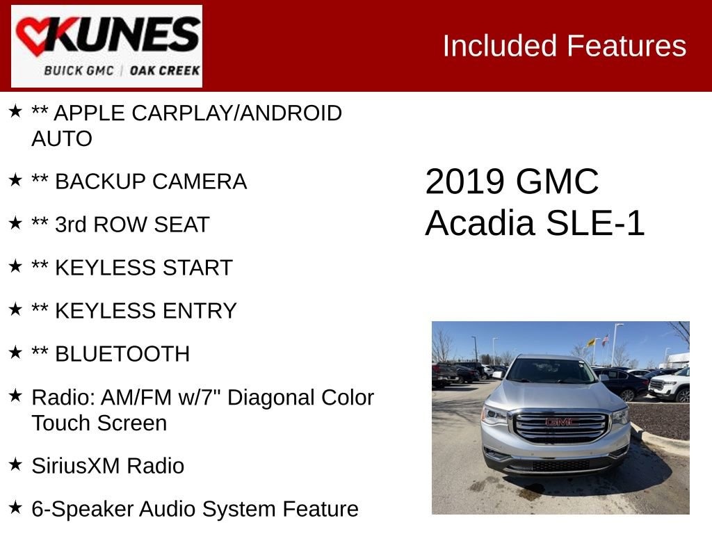 Used 2019 GMC Acadia SLE-1 with VIN 1GKKNKLA6KZ203570 for sale in Oak Creek, WI