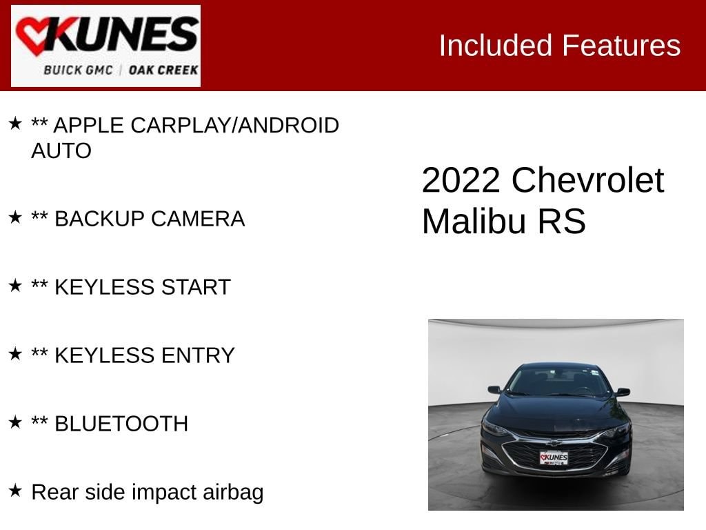 Used 2022 Chevrolet Malibu RS with VIN 1G1ZG5ST5NF105167 for sale in Oak Creek, WI