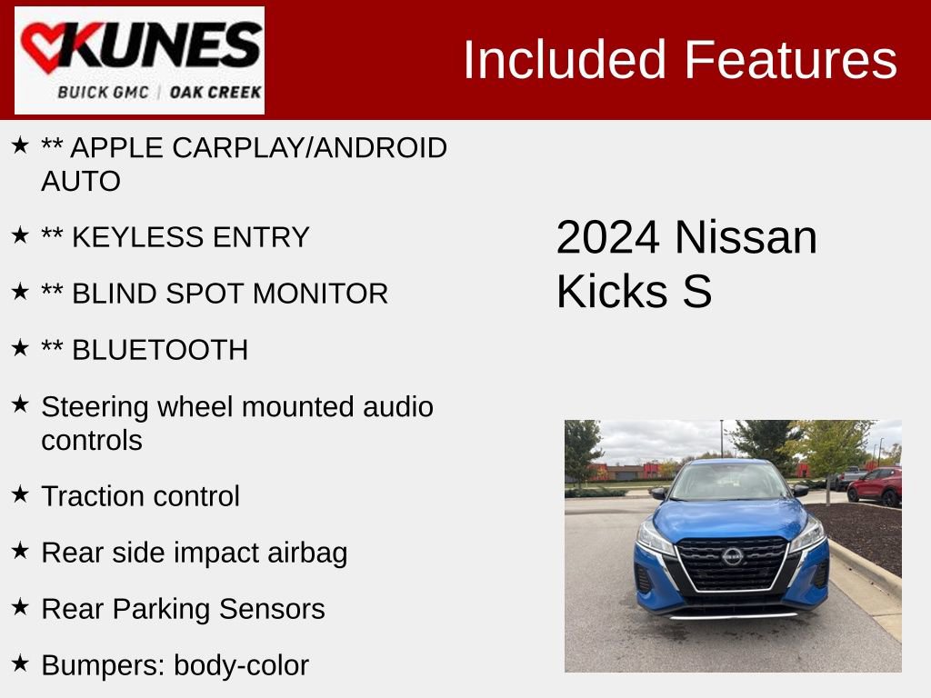 Used 2024 Nissan Kicks S with VIN 3N1CP5BV8RL559927 for sale in Oak Creek, WI