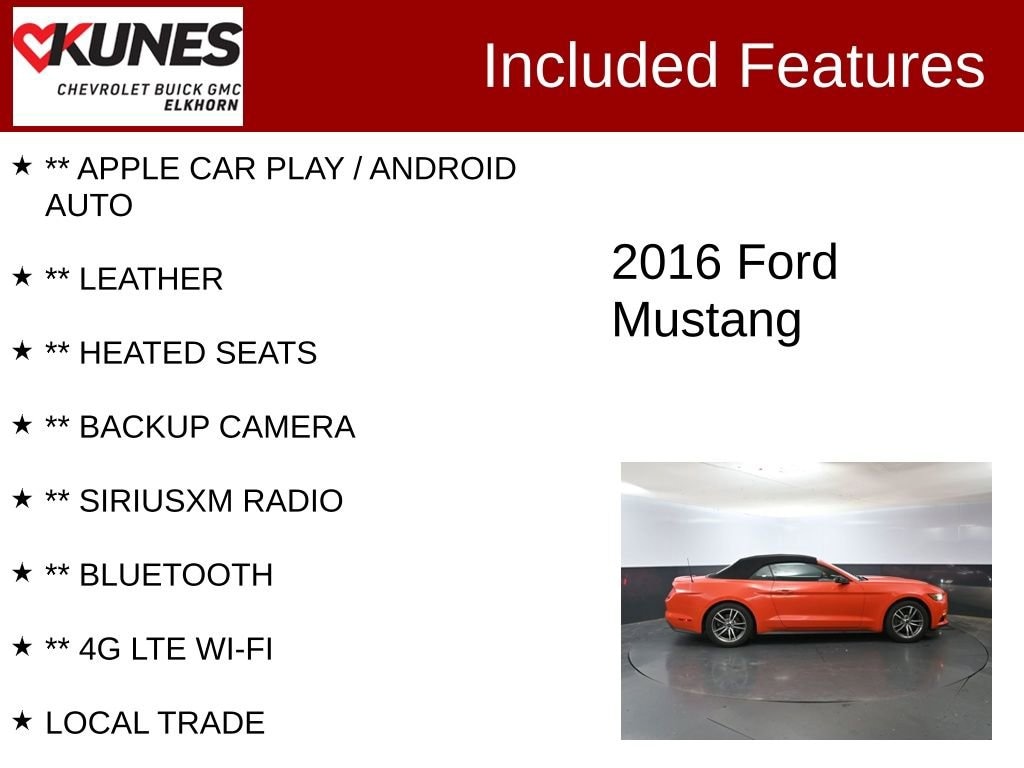 Used 2016 Ford Mustang EcoBoost Premium with VIN 1FATP8UH3G5296139 for sale in Elkhorn, WI