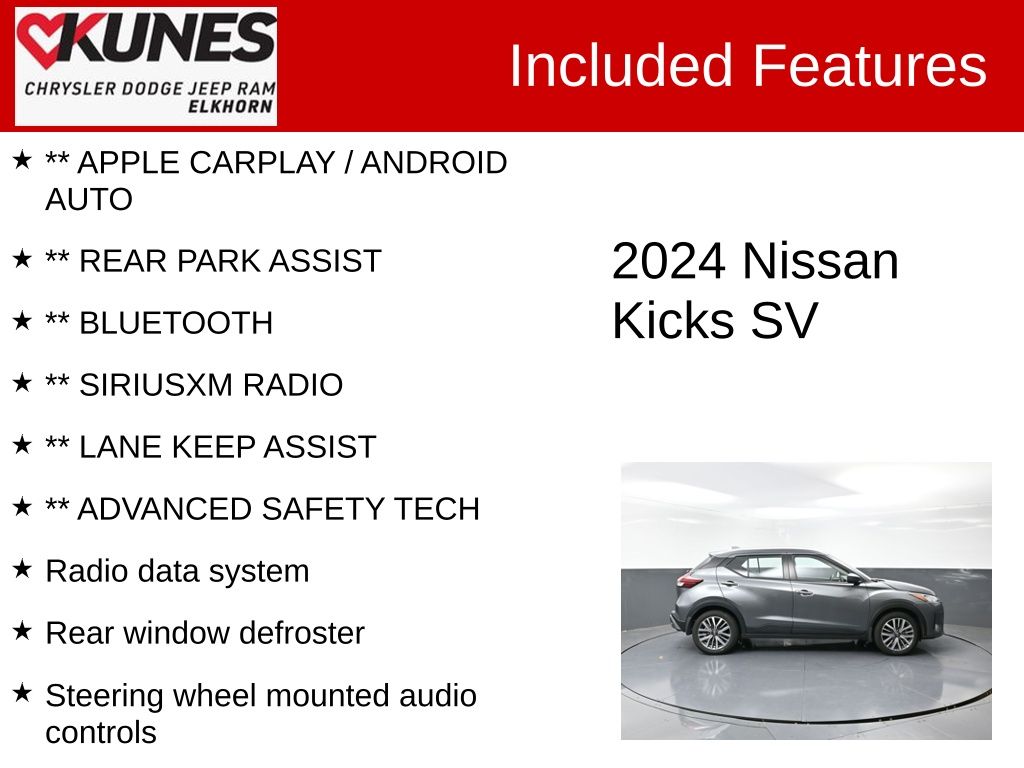Used 2024 Nissan Kicks SV with VIN 3N1CP5CV0RL545406 for sale in Elkhorn, WI