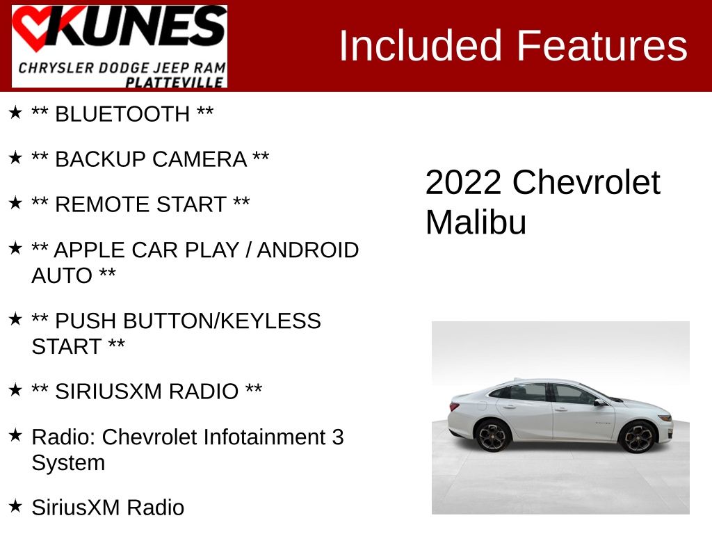 Used 2022 Chevrolet Malibu 1LT with VIN 1G1ZD5STXNF110468 for sale in Platteville, WI