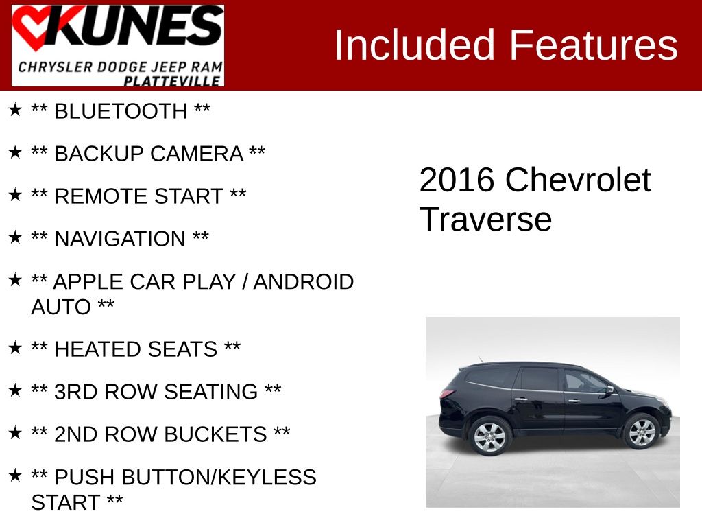 Used 2016 Chevrolet Traverse 1LT with VIN 1GNKVGKD9GJ320237 for sale in Platteville, WI