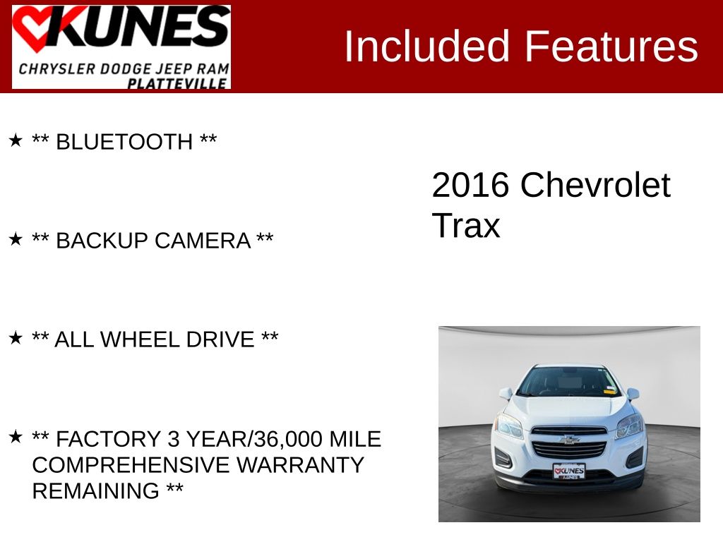 Used 2016 Chevrolet Trax LS with VIN KL7CJNSBXGB513161 for sale in Platteville, WI