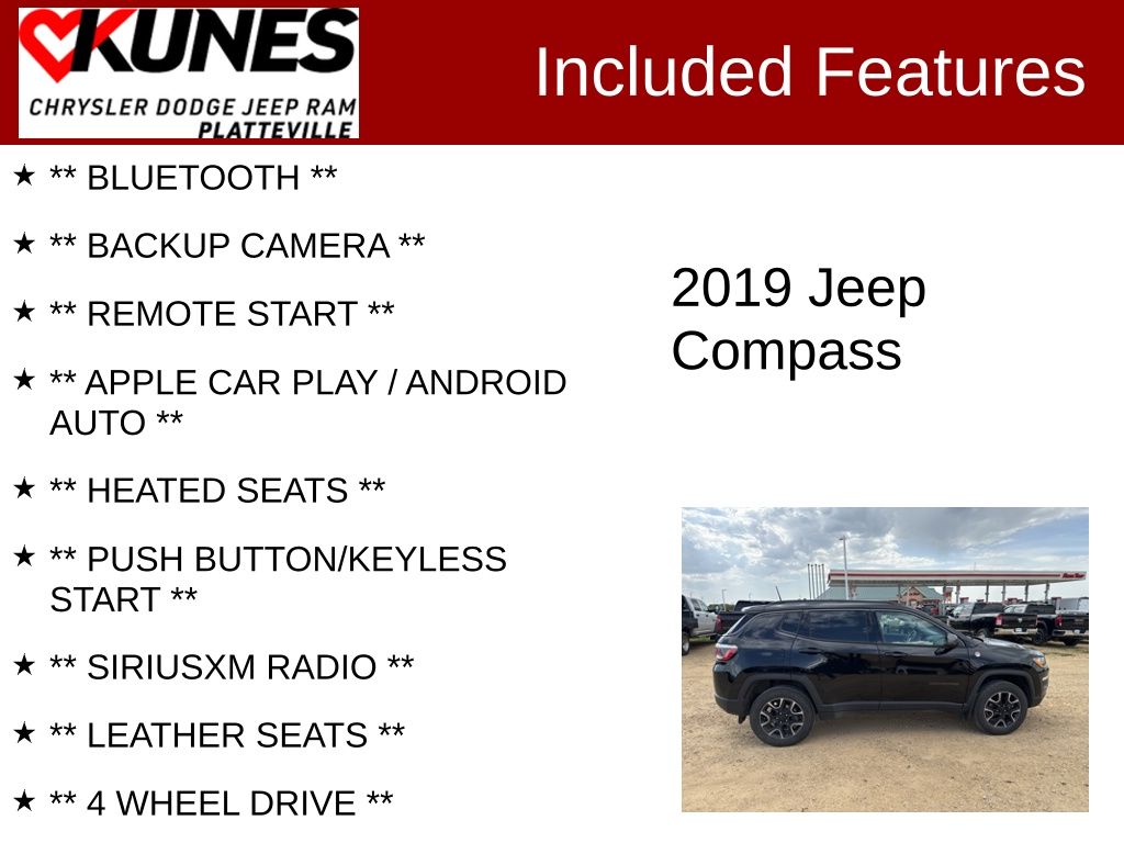Used 2019 Jeep Compass Trailhawk with VIN 3C4NJDDB2KT592612 for sale in Platteville, WI
