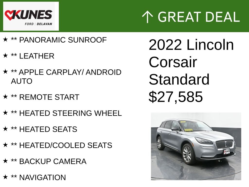 Certified 2022 Lincoln Corsair Base with VIN 5LMCJ1D95NUL30248 for sale in Delavan, WI