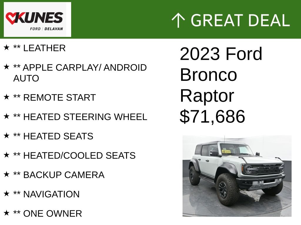 Certified 2023 Ford Bronco 4-Door Raptor with VIN 1FMEE5JR6PLB90537 for sale in Delavan, WI
