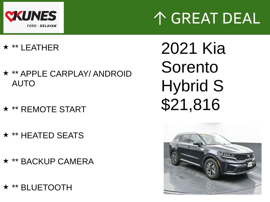 Certified 2021 Kia Sorento S Hybrid with VIN KNDRG4LG7M5040443 for sale in Delavan, WI