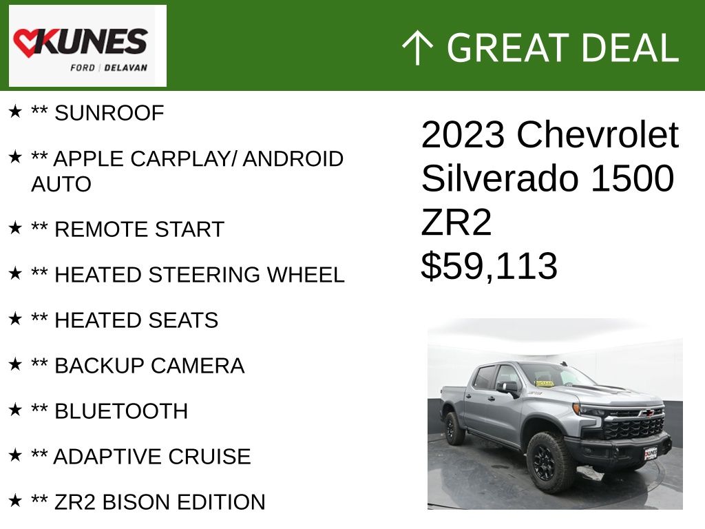 Certified 2023 Chevrolet Silverado 1500 ZR2 with VIN 3GCUDHEL3PG253858 for sale in Delavan, WI