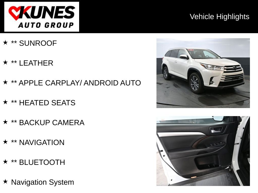 Used 2019 Toyota Highlander XLE with VIN 5TDJZRFH2KS565717 for sale in Delavan, WI