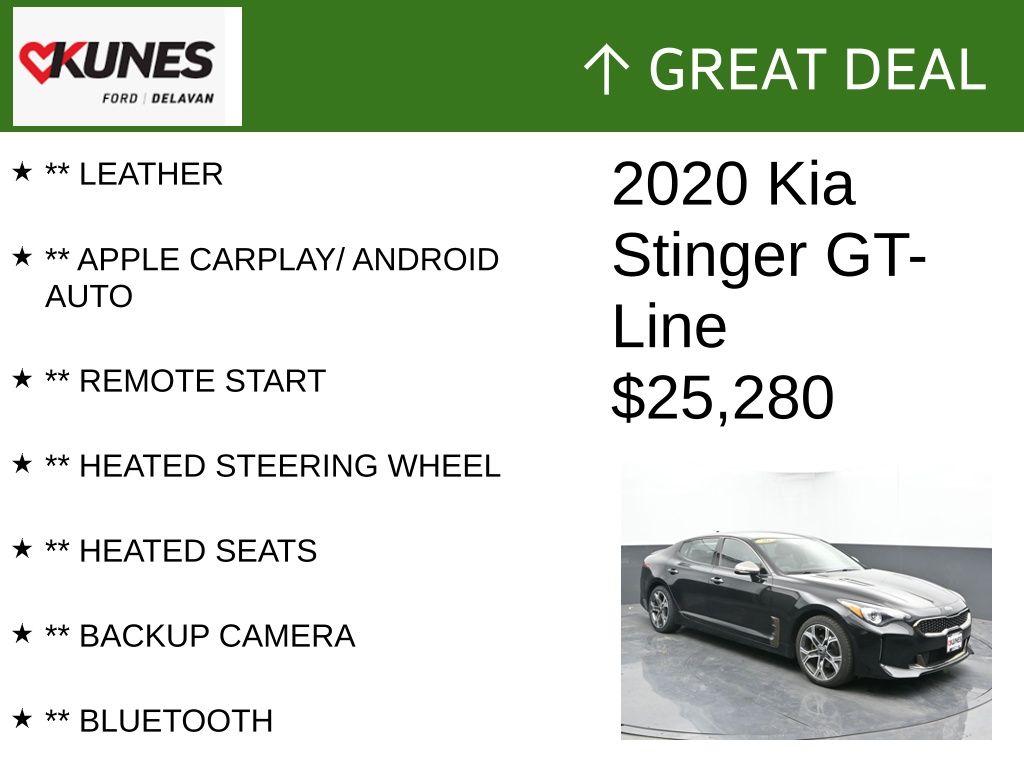 Certified 2020 Kia Stinger GT-Line with VIN KNAE15LA6L6080231 for sale in Delavan, WI