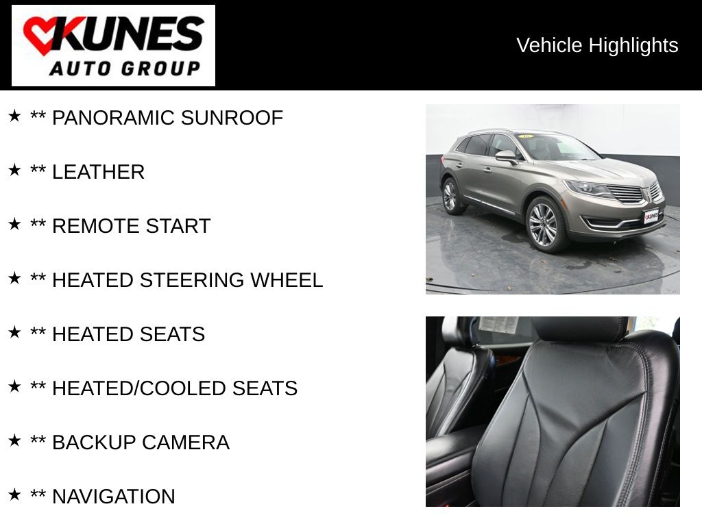 Used 2016 Lincoln MKX Reserve with VIN 2LMTJ8LP2GBL32015 for sale in Delavan, WI