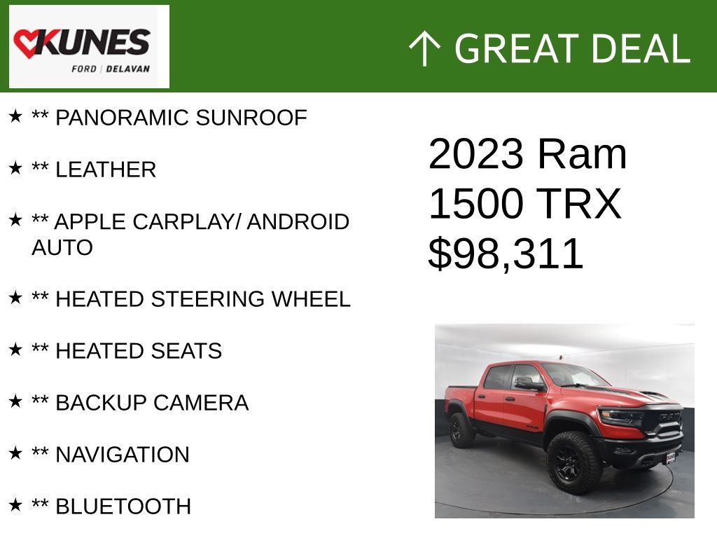 Certified 2023 RAM Ram 1500 Pickup TRX with VIN 1C6SRFU91PN501171 for sale in Delavan, WI
