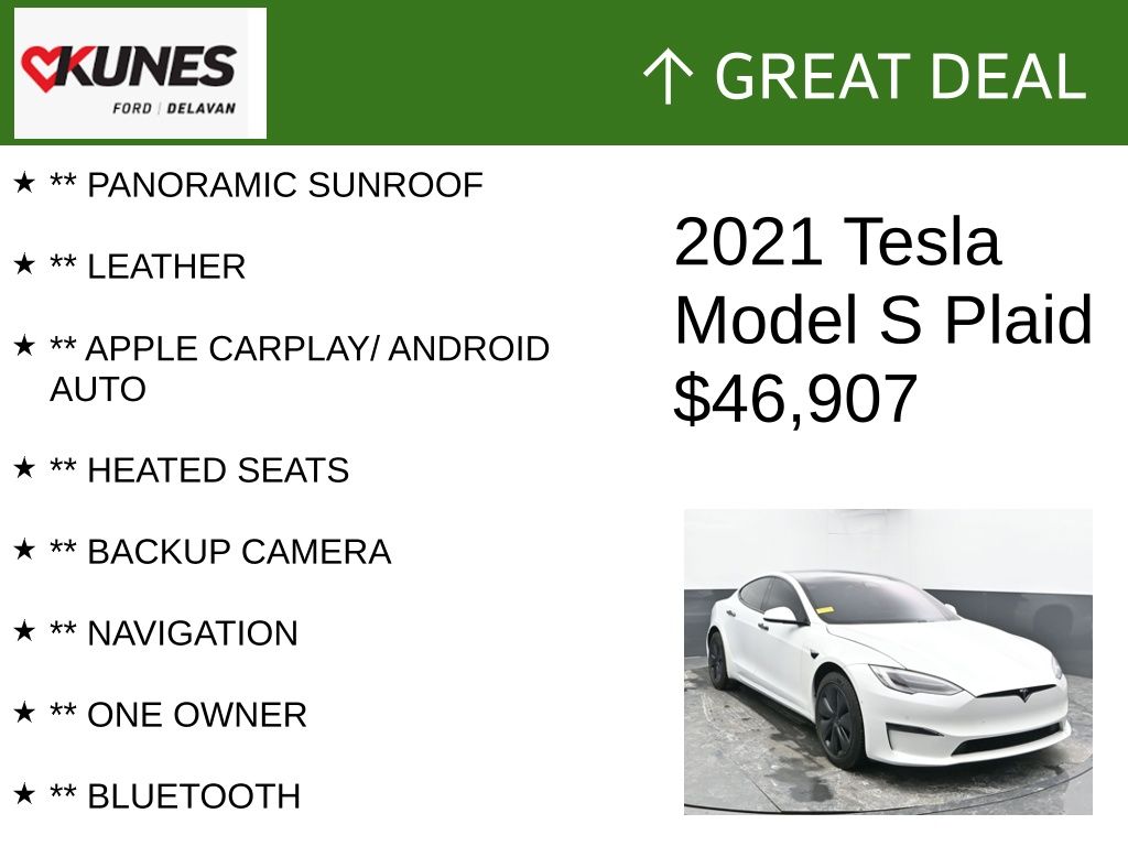 Certified 2021 Tesla Model S Plaid with VIN 5YJSA1E67MF438725 for sale in Delavan, WI