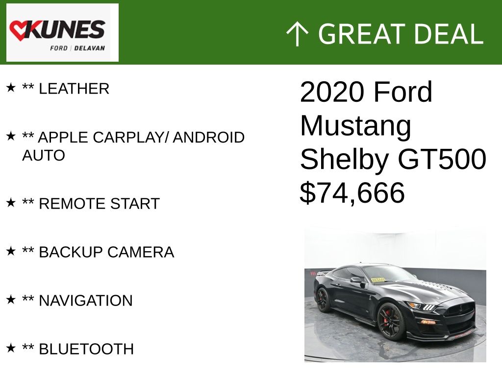 Certified 2020 Ford Mustang Shelby GT500 with VIN 1FA6P8SJ9L5502237 for sale in Delavan, WI