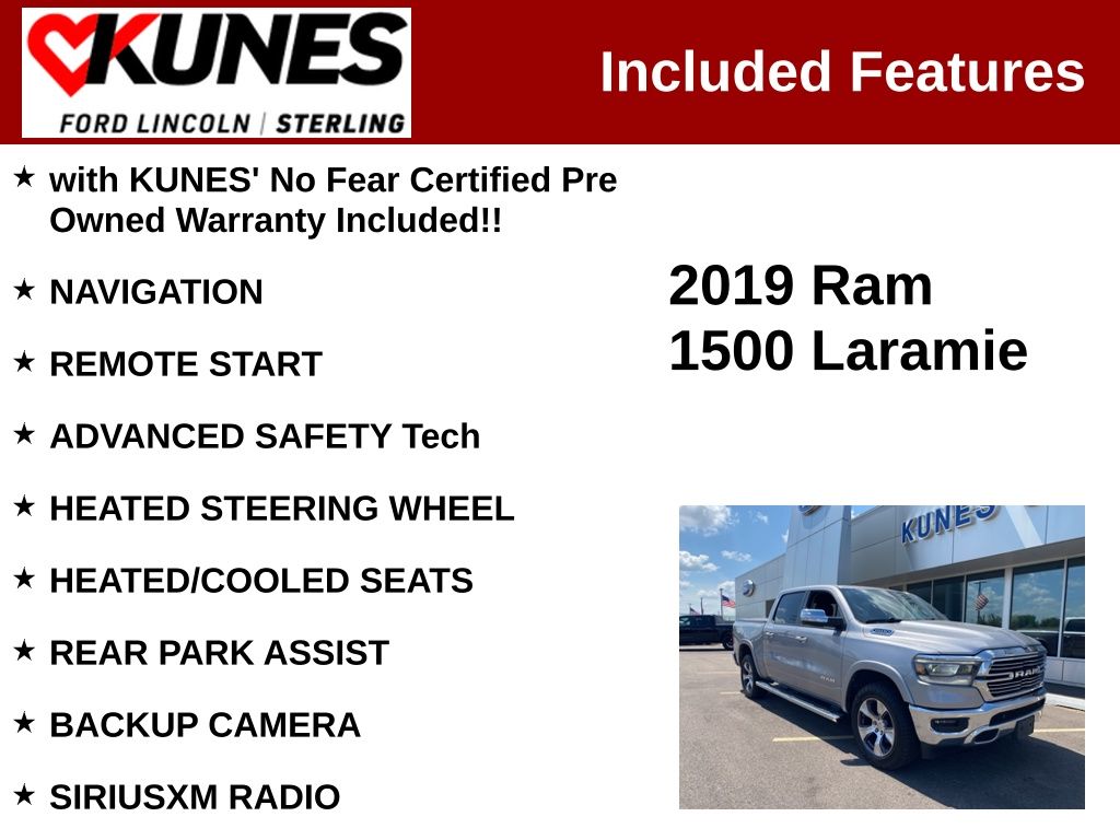 Used 2019 RAM Ram 1500 Pickup Laramie with VIN 1C6SRFJT5KN724001 for sale in Sterling, IL