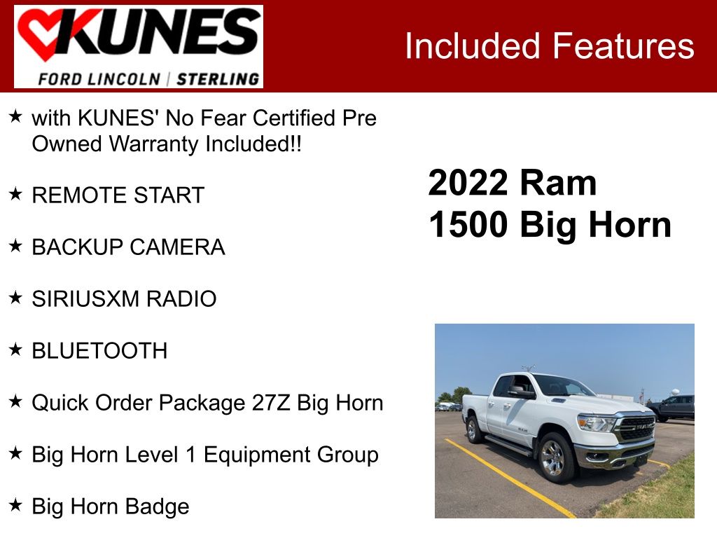 Used 2022 RAM Ram 1500 Pickup Big Horn/Lone Star with VIN 1C6SRFBT9NN460980 for sale in Sterling, IL