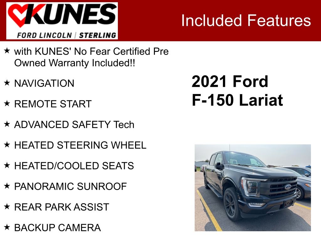 Certified 2021 Ford F-150 Lariat with VIN 1FTFW1E84MFB56154 for sale in Sterling, IL