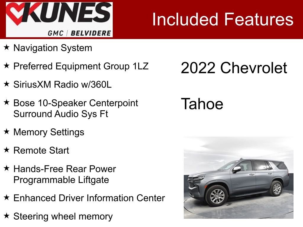 Used 2022 Chevrolet Tahoe Premier with VIN 1GNSKSKD8NR154285 for sale in Belvidere, IL