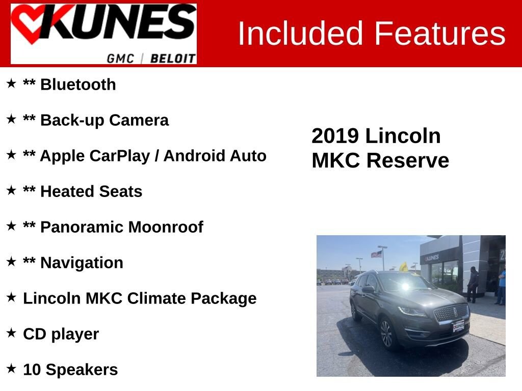 Used 2019 Lincoln MKC Reserve with VIN 5LMCJ3D99KUL17834 for sale in Beloit, WI