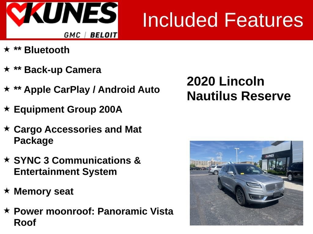 Used 2020 Lincoln Nautilus Reserve with VIN 2LMPJ8KP4LBL08683 for sale in Beloit, WI